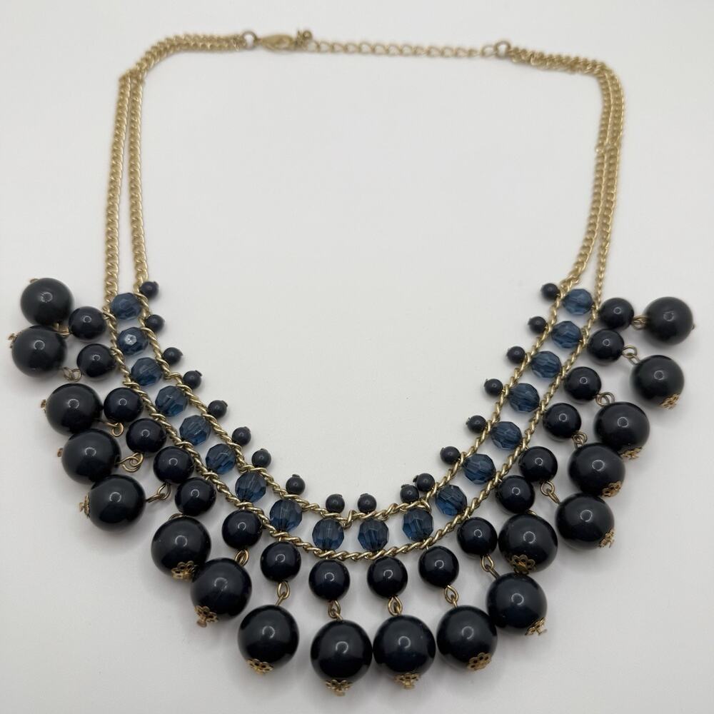 Dangle Beaded Necklace Gold Tone Blue Gray Statement Double Strand Chain 19-22”